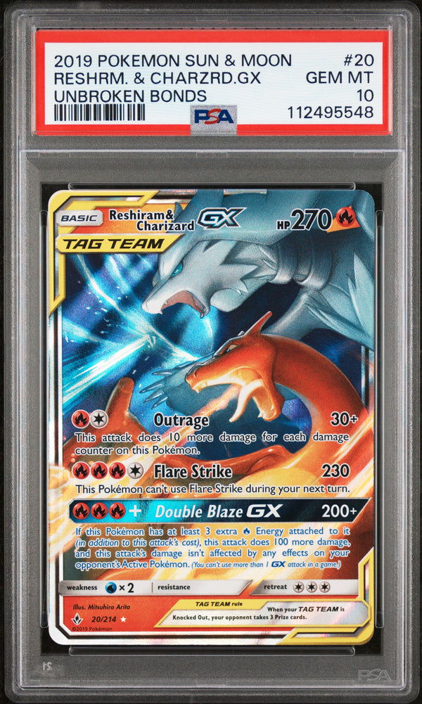 2019 Pokemon Sun & Moon Unbroken Bonds Reshiram & Charizard GX #20 PSA 10
