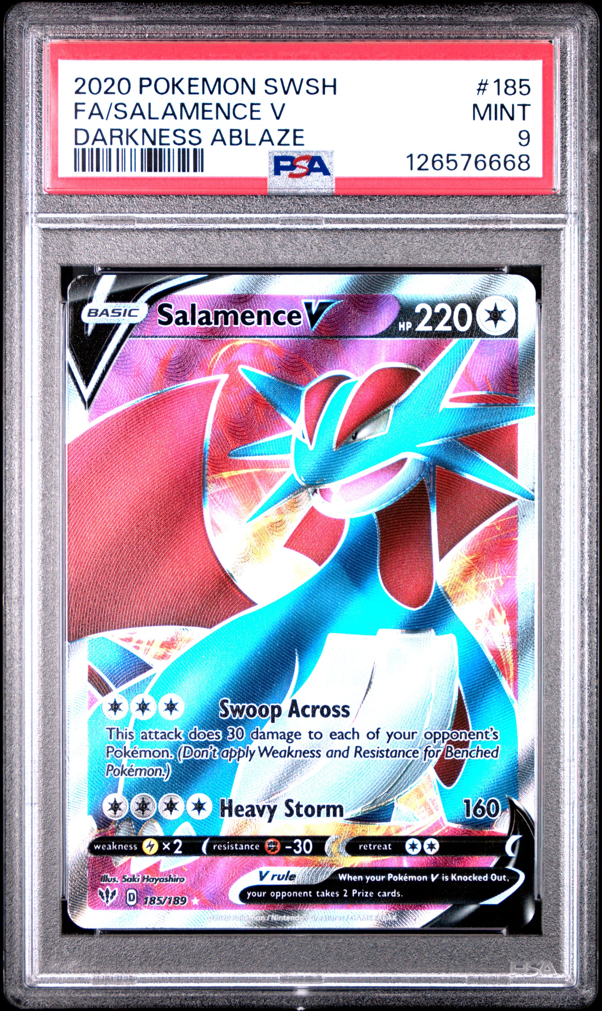 2020 Pokemon Sword & Shield Darkness Ablaze Full Art Salamence V #185 PSA 9
