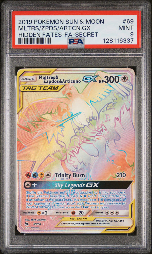 2019 Pokemon Sun & Moon Hidden Fates Secret Rare Moltres Zapdos Articuno GX #69 PSA 9