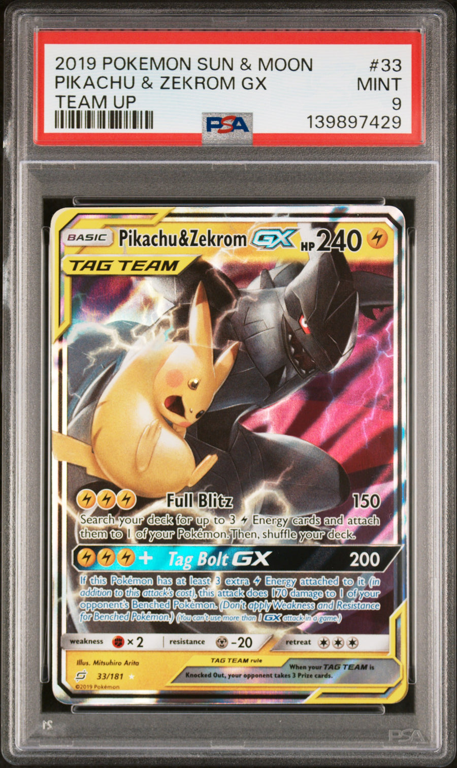 2019 Pokemon Sun & Moon Team Up Pikachu & Zekrom GX #33 PSA 9