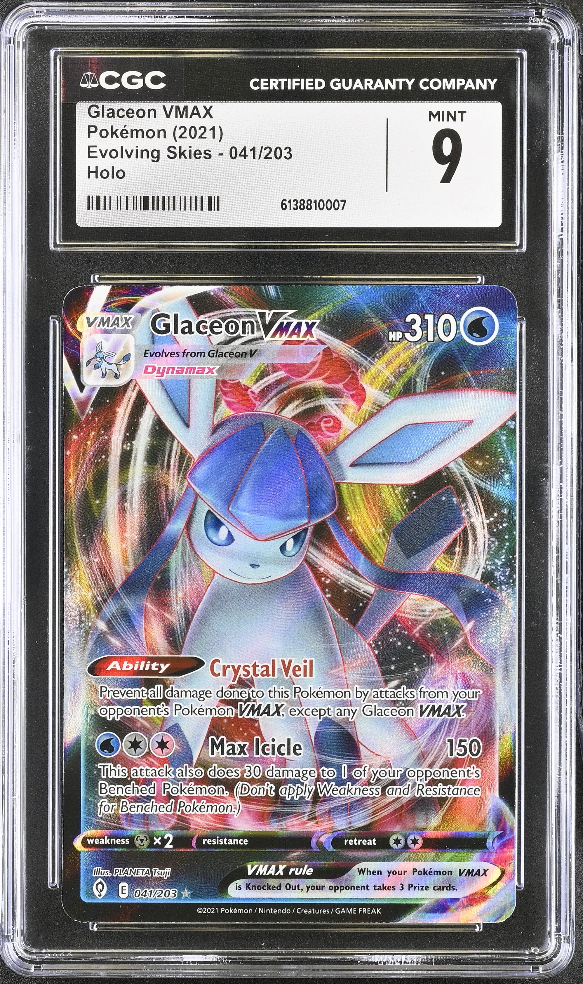 2021 Pokemon Evolving Skies Holo Glaceon VMAX #041/203 CGC 9