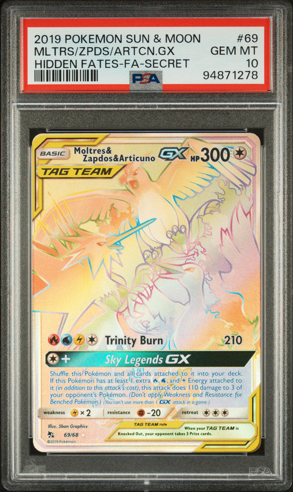 2019 Pokemon Sun & Moon Hidden Fates Secret Rare Moltres Zapdos Articuno GX #69 PSA 10